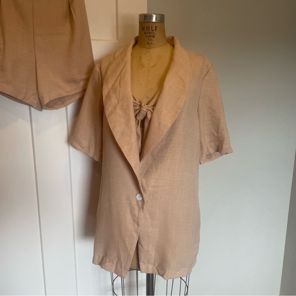 SHEIN- SZ M Tan 3 Piece Shorts Top Jacket Set Linen - Picture 3 of 10